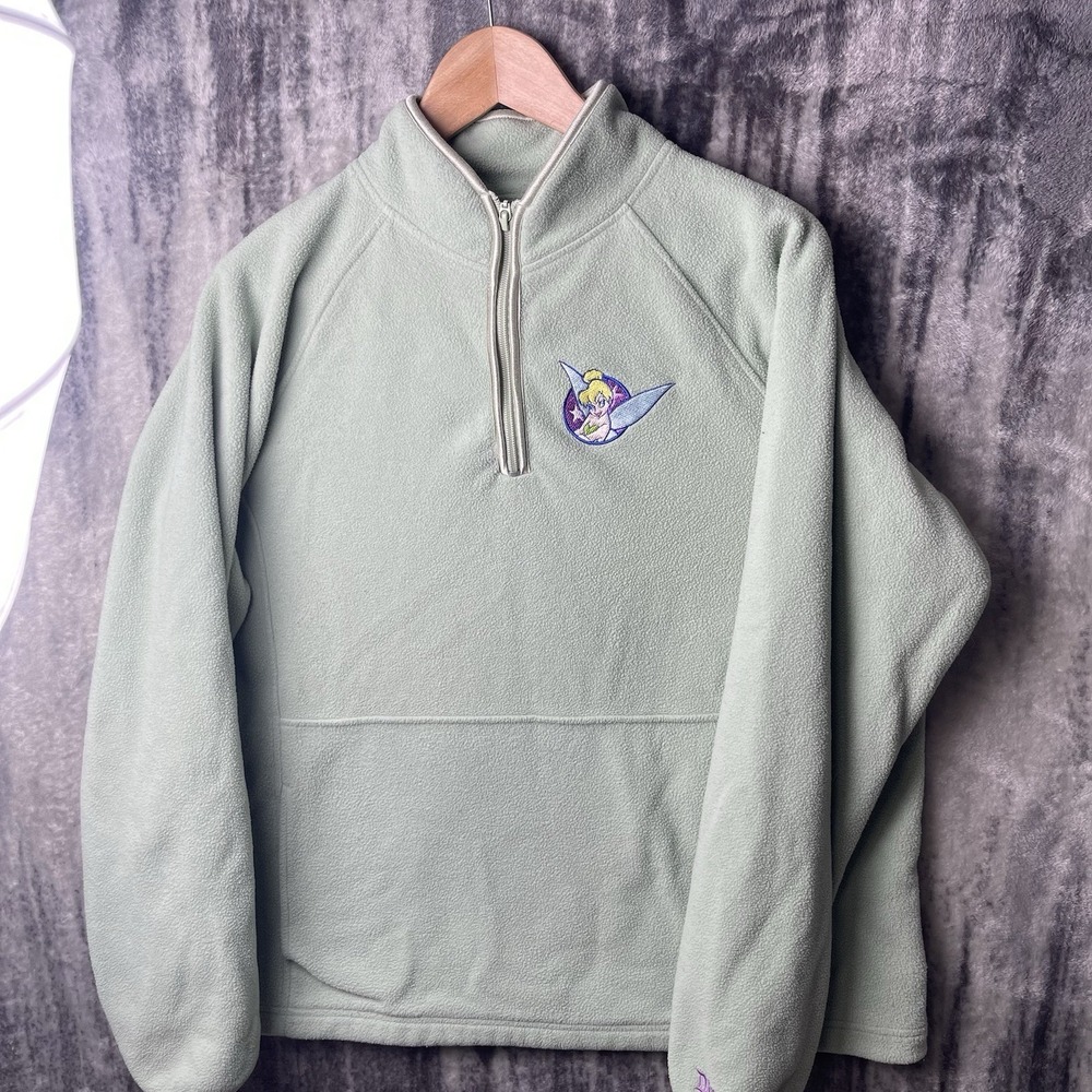 Disneyland Resort Tinker Bell Green Fleece Womens‎ L 1/4  Zip Jacket Pockets